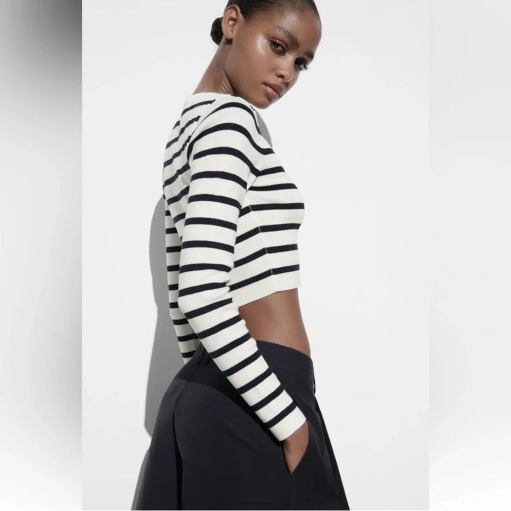 Zara M Cream Black Striped Long Sleeve Knit Sweater Top Nautical Minimalist